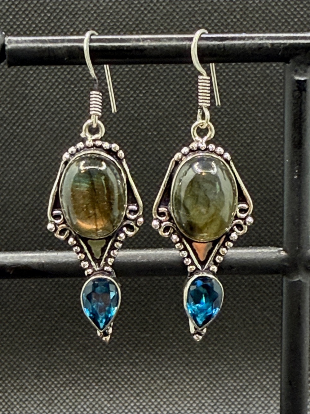 Sterling Silver Labradorite and Blue Topaz Drop Earrings - Handcrafted